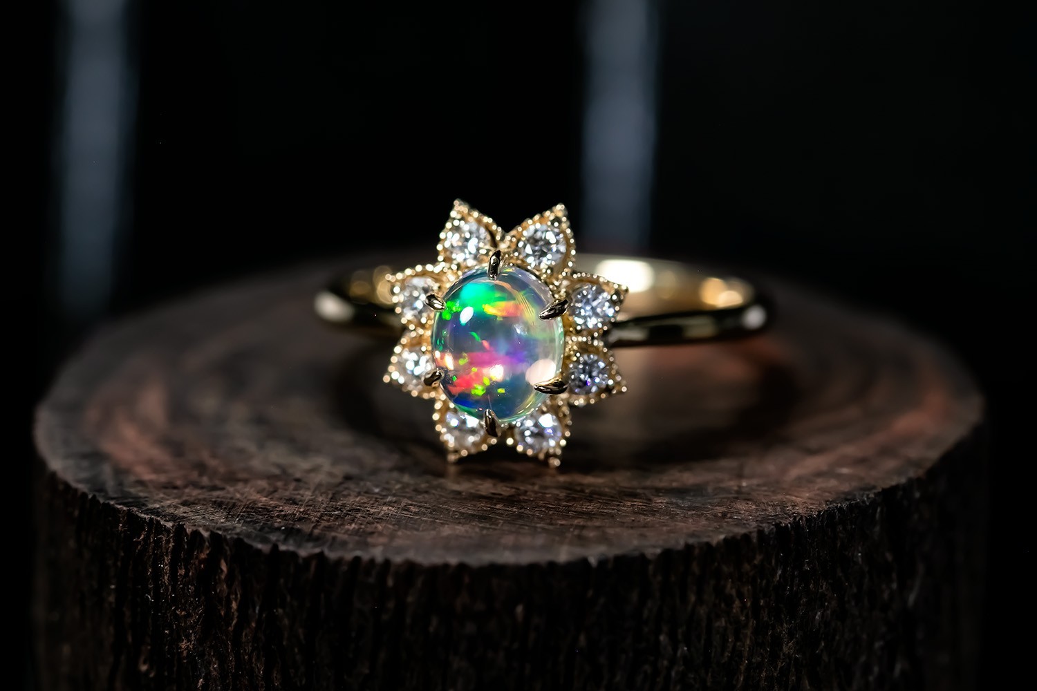 Sunflower Fire Opal Diamond Engagement Ring 14K Yellow Gold
