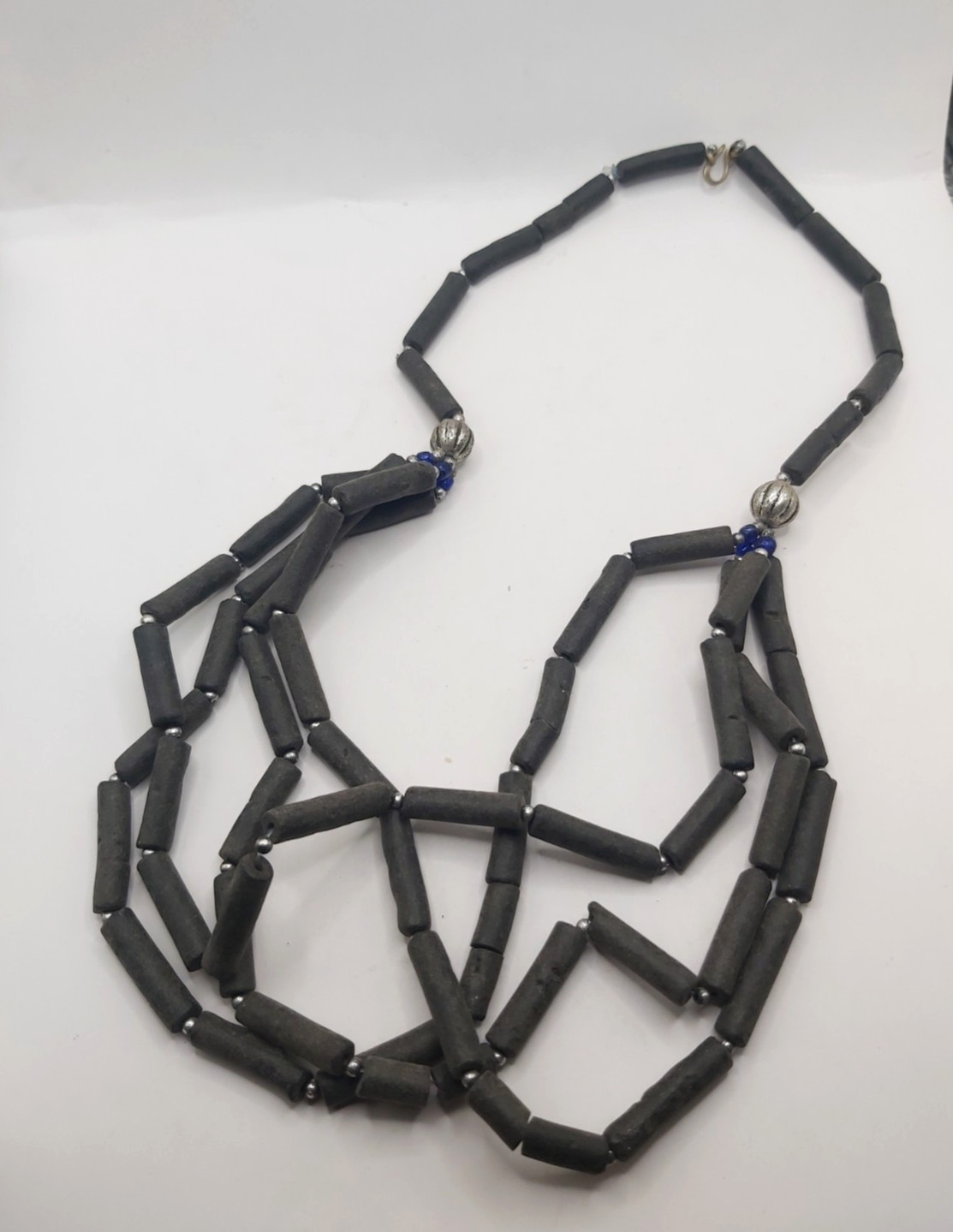 Vintage Berber Moroccan Trade Bead Necklace Black Tube Beads Multi Strand Ethnic