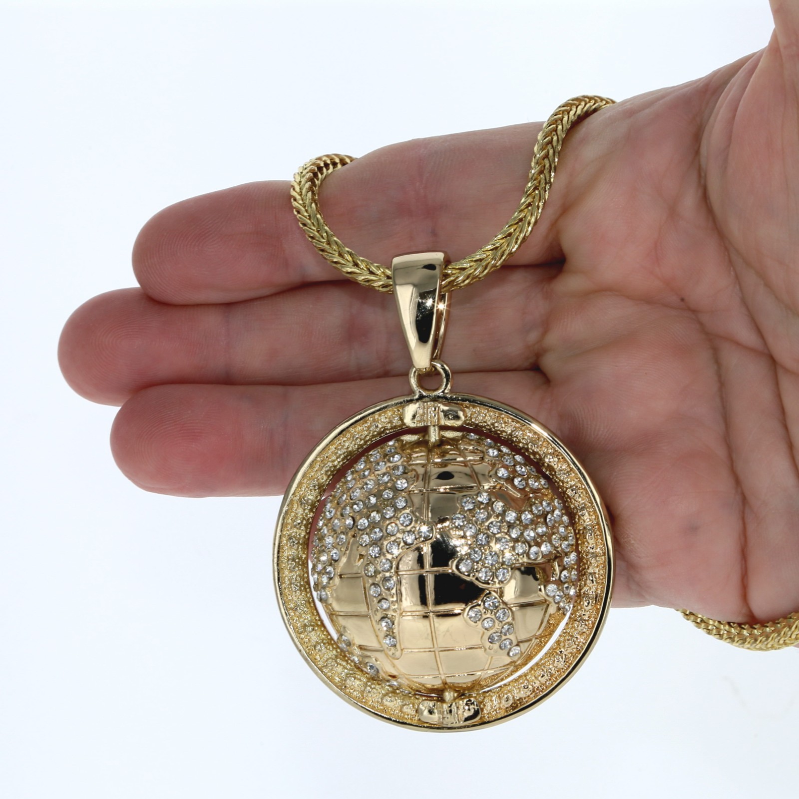 Hip Hop Gold Finish Iced Earth World Pendant Bling Chain 38″ Franco Chain