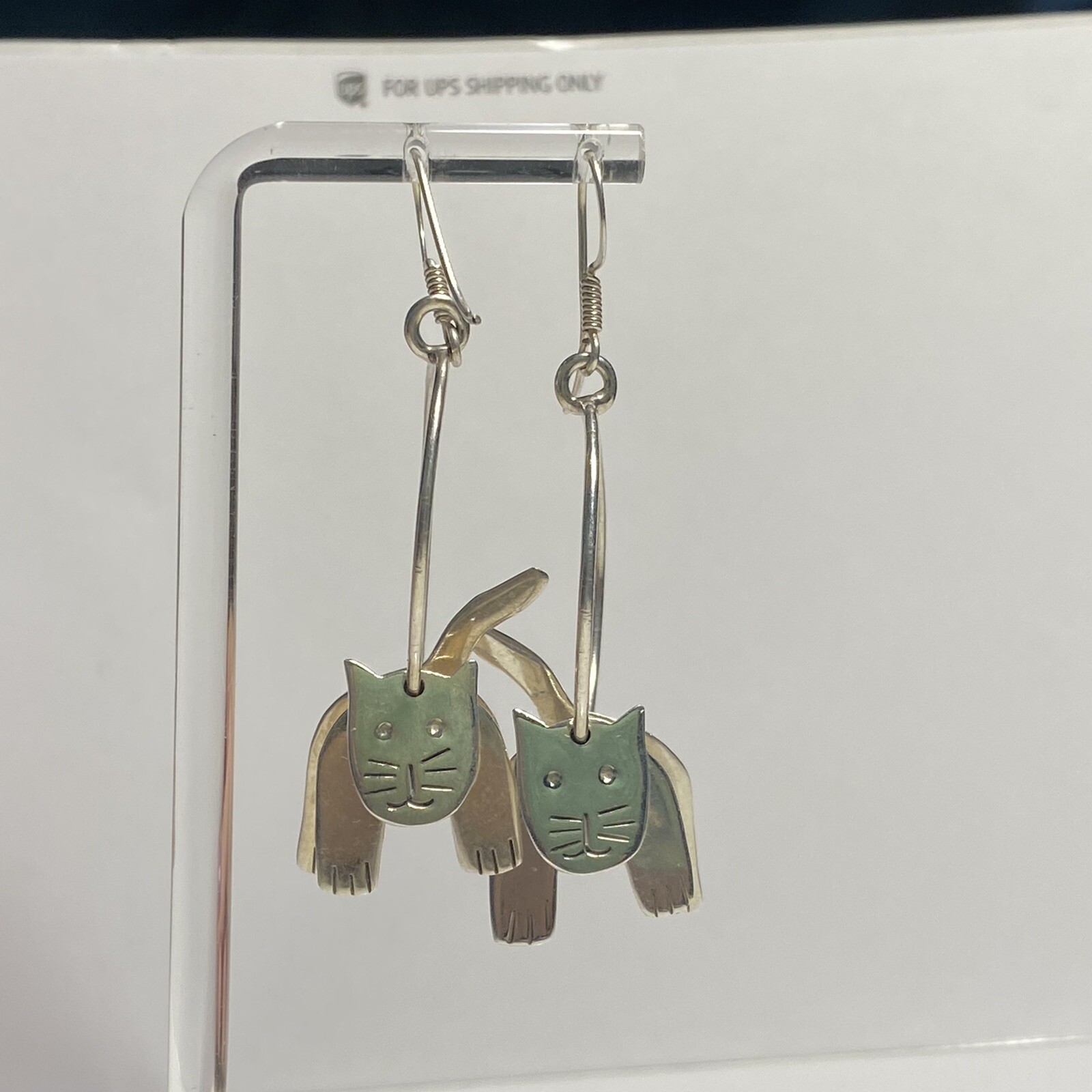 Sterling Silver Dangle Cat Earrings, 15.4 Grams, 2″ Three Piece Cat on Hoop