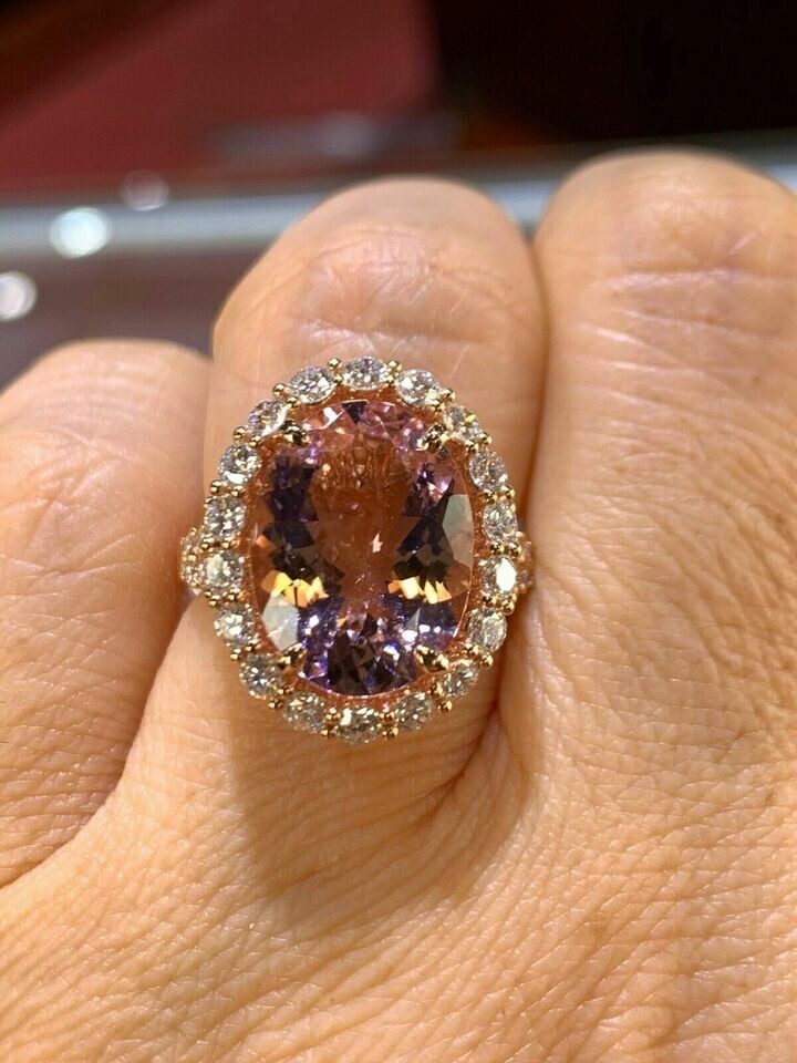 4Ct Oval Cut Morganite and Diamond Halo Engagement Ring In 14K Rose Gold Finish