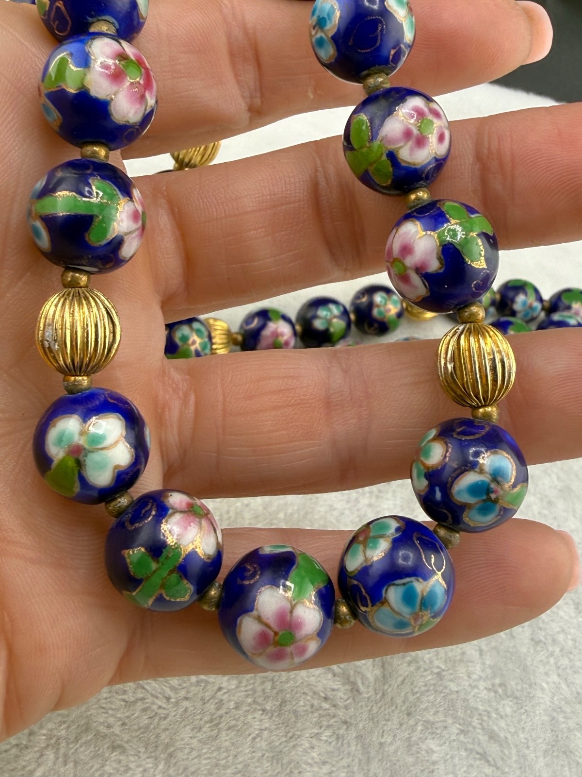 Vintage Cloisonne Beaded Necklace Blue Flower 28”