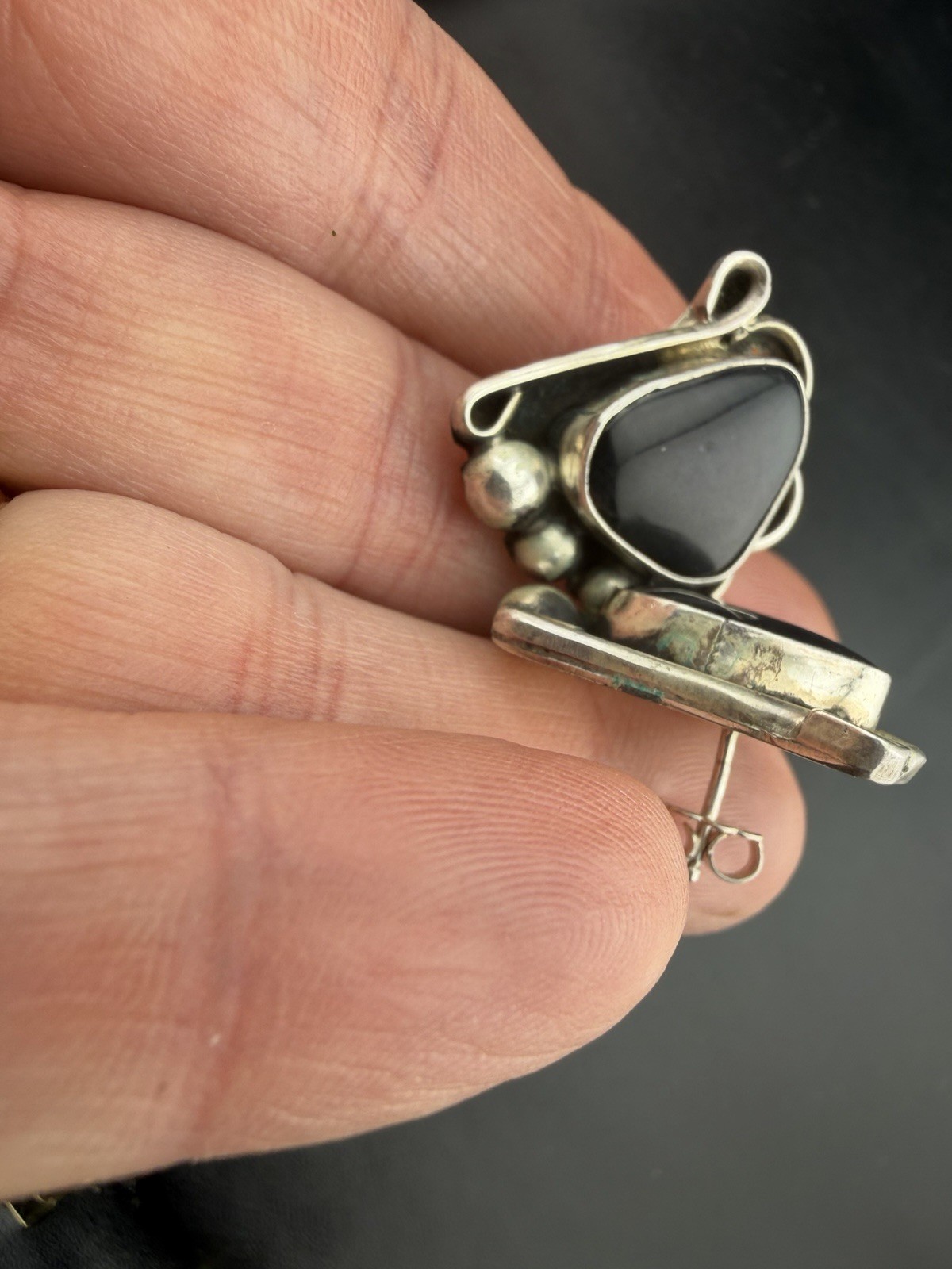 WS Sterling Silver Black Onyx Modernist Stud Earrings 11.7g Signed