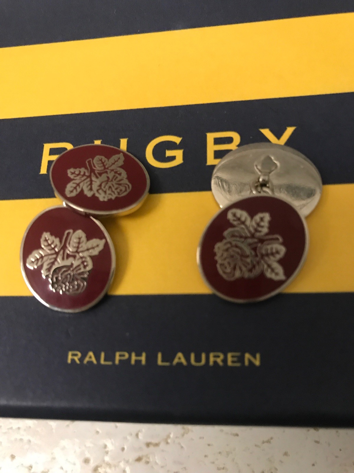 Polo Ralph Lauren Rugby Men Vintage Inspired Collegiate Rose Cufflink Red Silver
