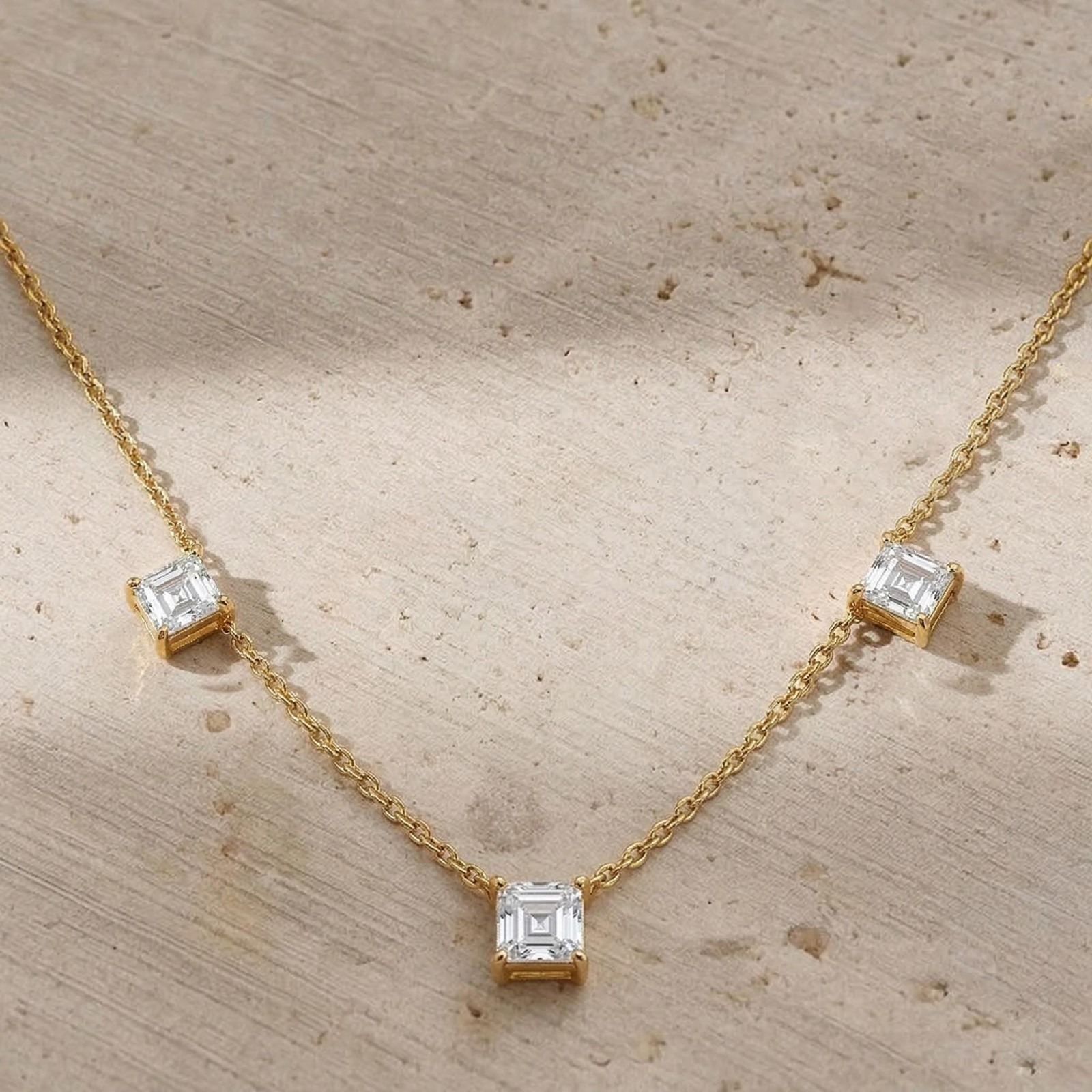 Dainty Gold Three Stone Necklace, White Zircon Necklace, Minimalist Station Neck