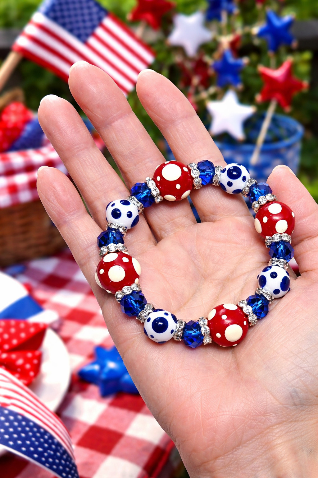 Polka Dot Red White Blue Patriotic Bracelet for Women Glass Beaded Stretch