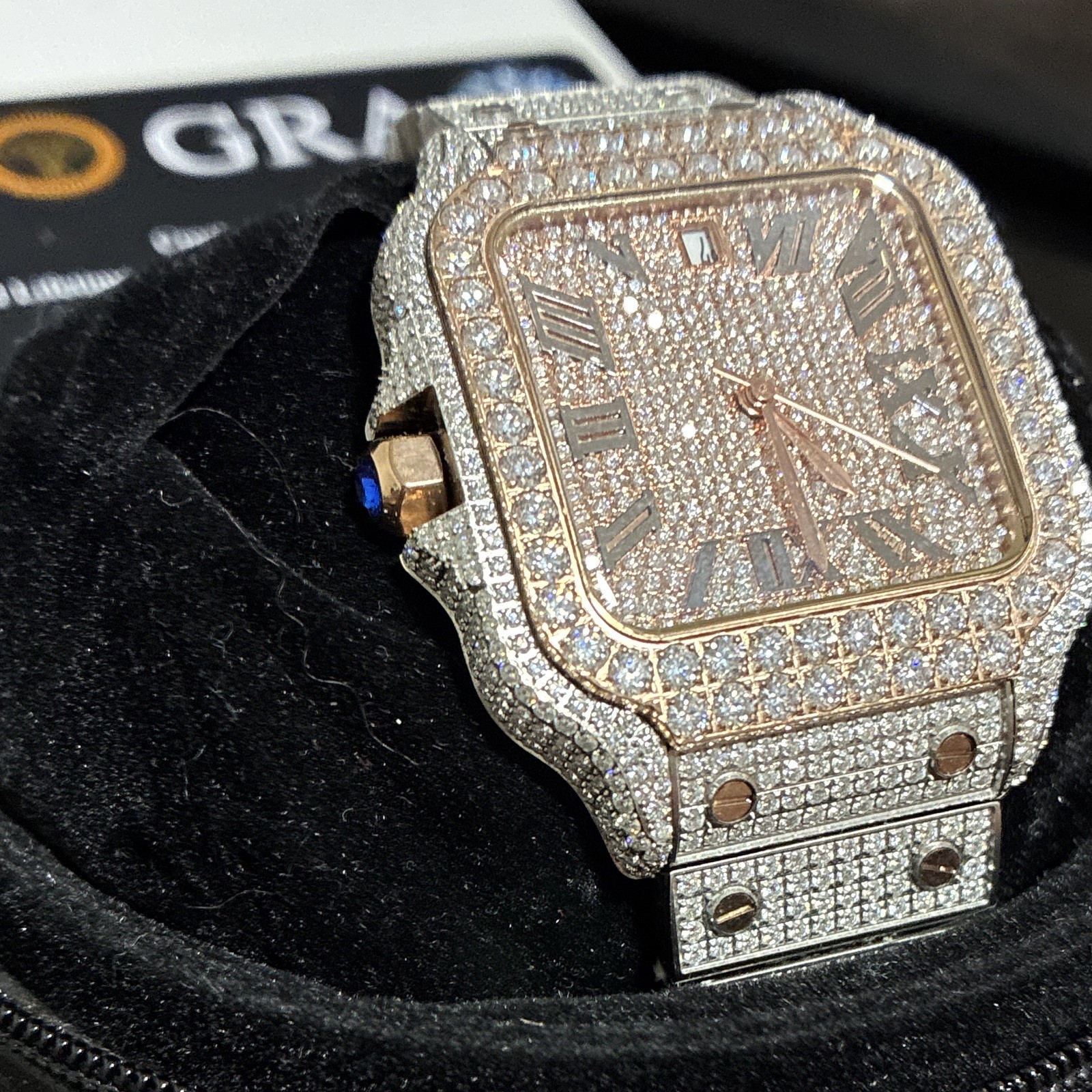 VVS1 Moissanite Iced Out Watch Silver/Rose w Sapphire Glass, Swiss made movement