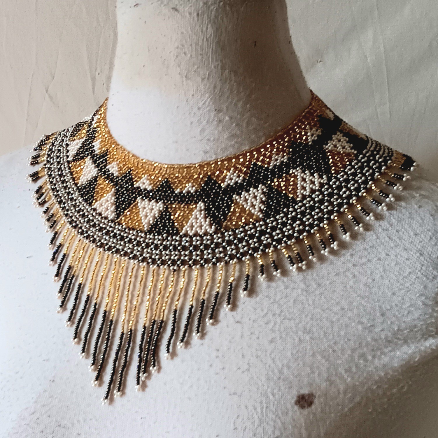 Black and Gold Beaded Fringe Necklace Statement Collar Bib Jewelry Artisan Made
