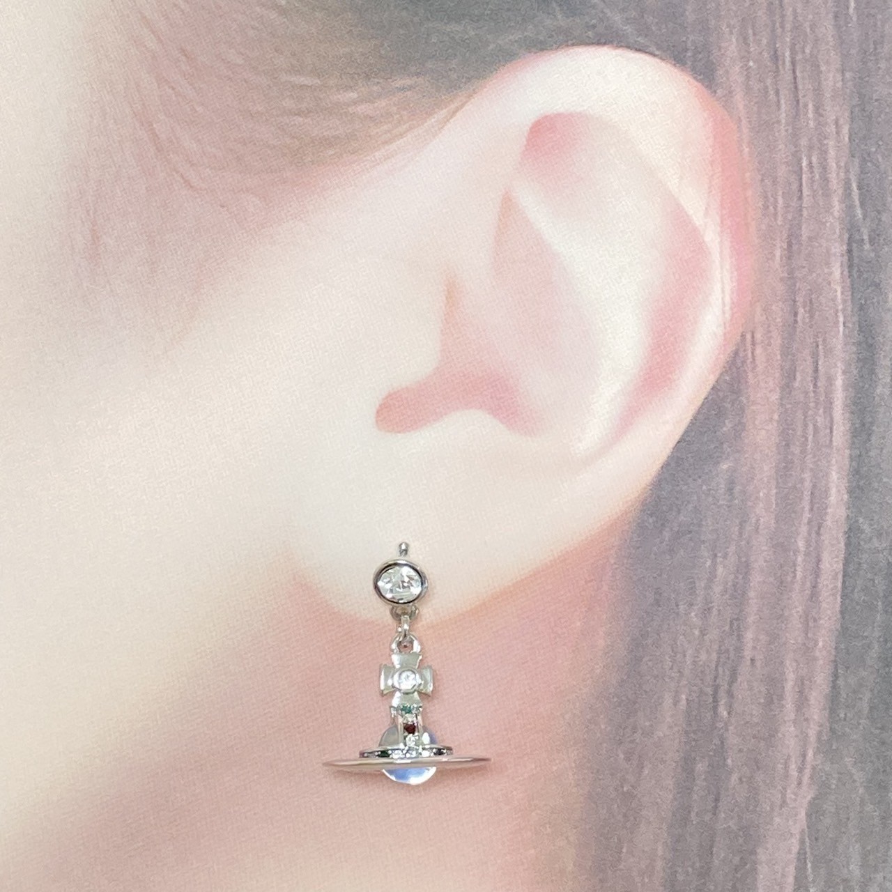 Vivienne Westwood Earrings Petite Orb Silver Clear Multi 2.5 x 1.4cm w/Pouch
