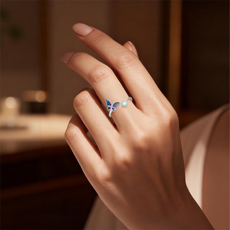 PANDACH Butterfly Rings For Women , Sterling Silver Band Adjustable Rings Gifts