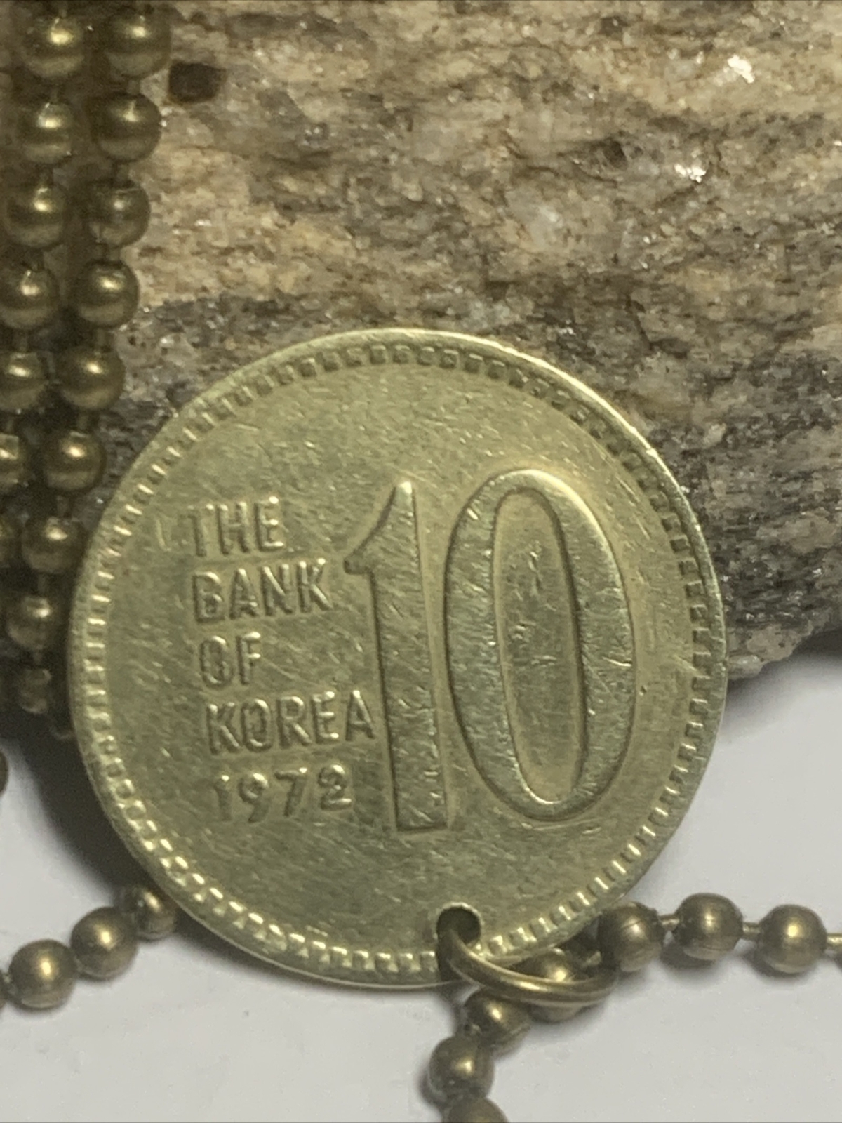 1972 South Korea 10 Won Brass Coin Pendant on 24″ Unisex Necklace. A1