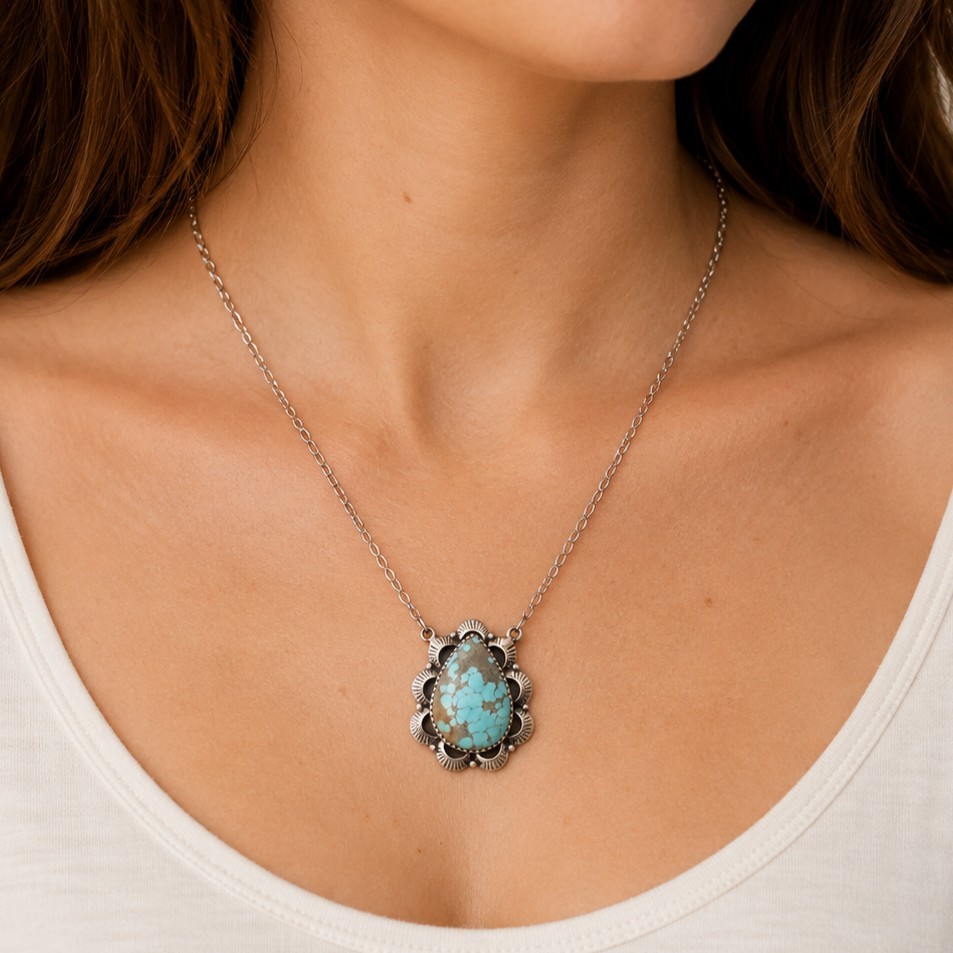 Number 8 Turquoise Sterling Silver Necklace Southwestern Native Style 14-21″