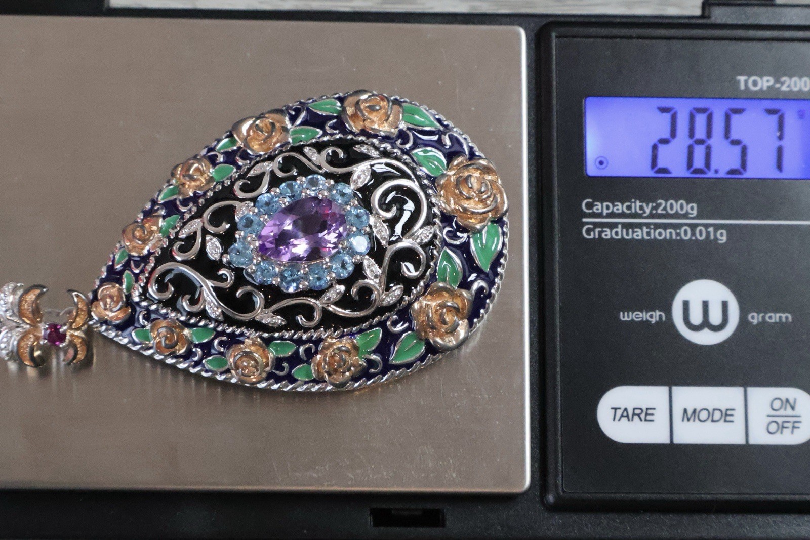 Sterling Enamel Amethyst & Blue Topaz Teardrop Pendant 28.58G / 2.8in