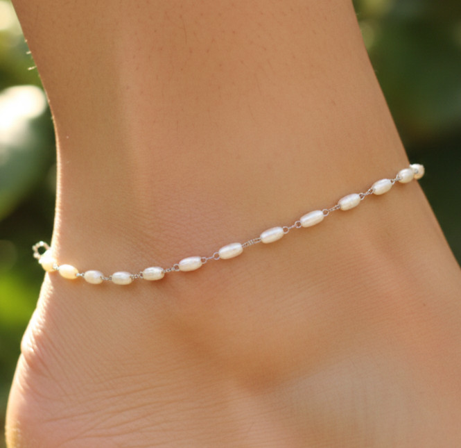 Handmade Minimalist Silver Tone Chain Anklet with Rice Pearl Charm Detailing