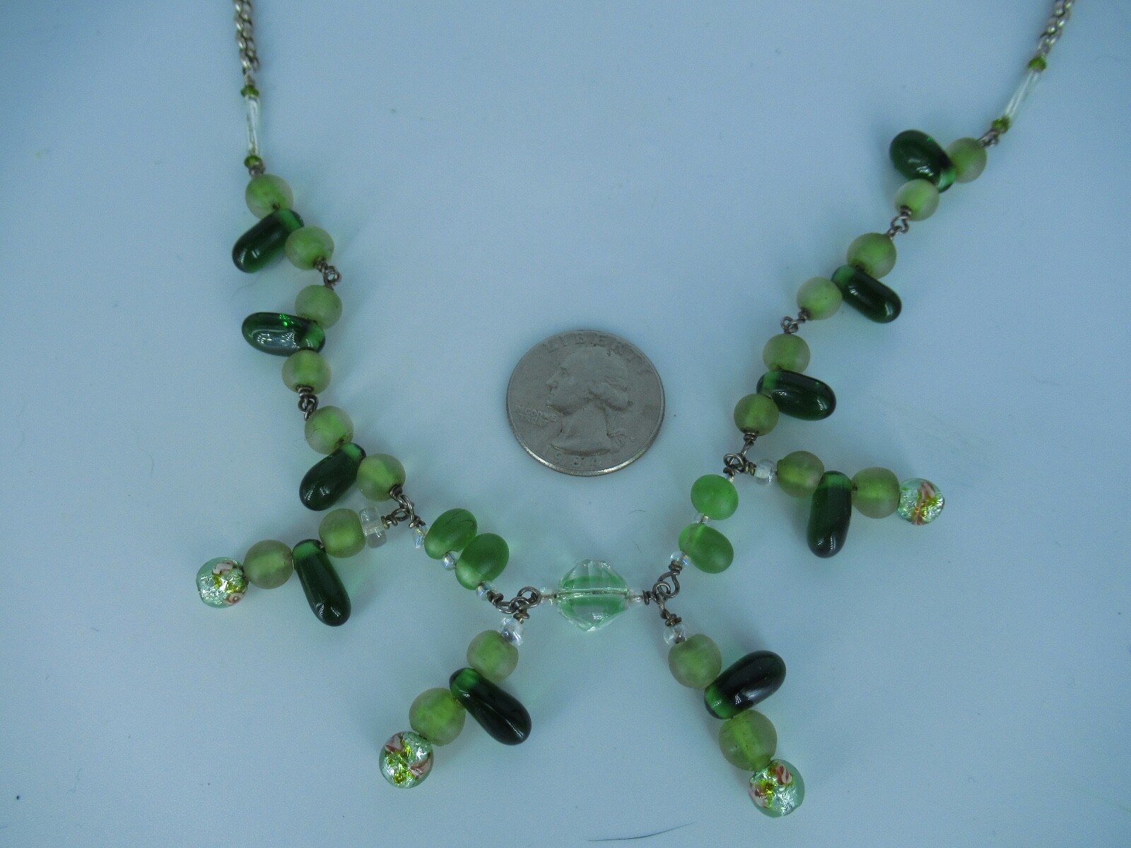 Sterling Silver Greenish Colored Bead Necklace
