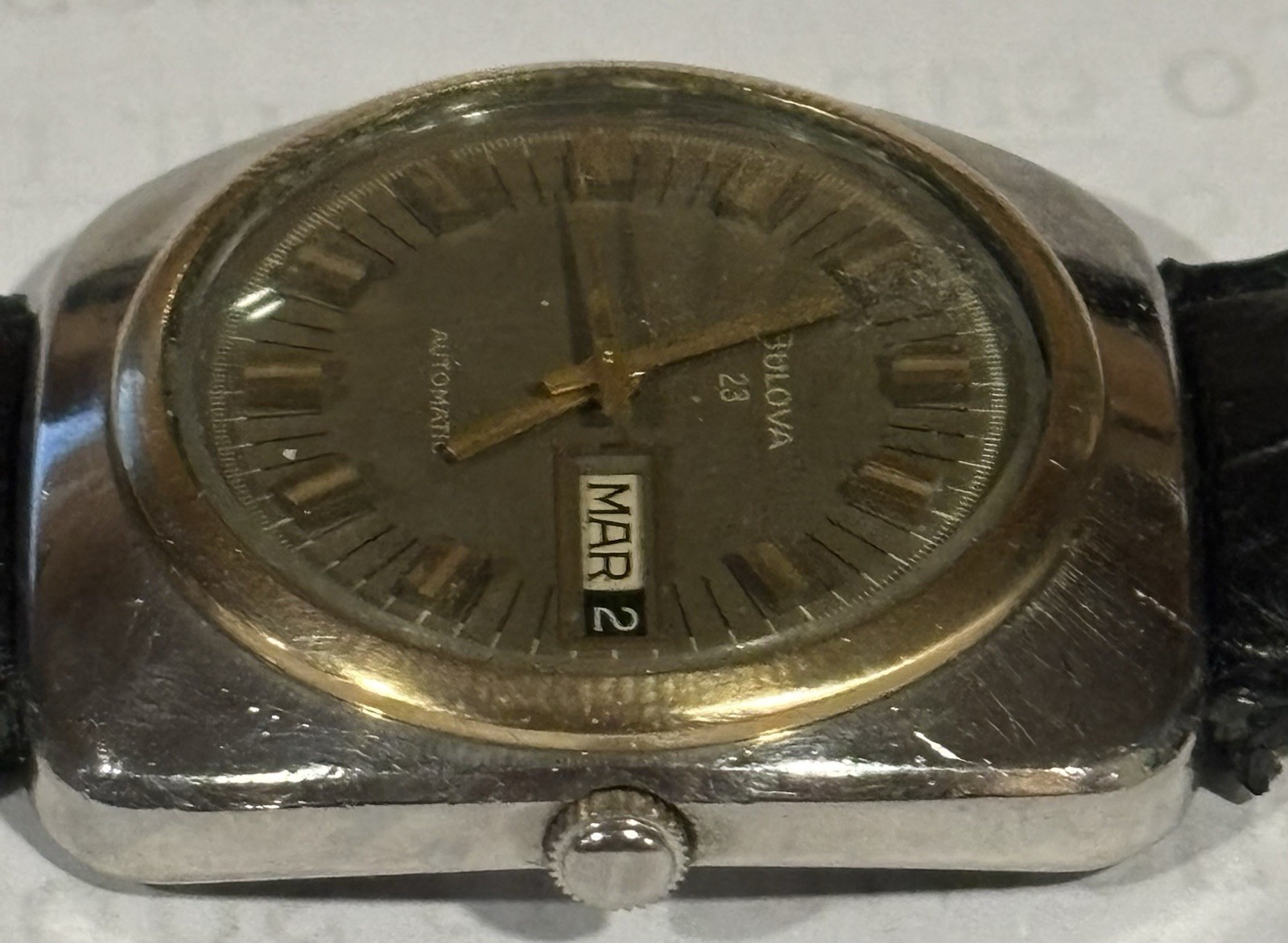 Vintage Bulova Automatic 23 Jewel Day Date Brown Dial Gold Tone Men’s Watch