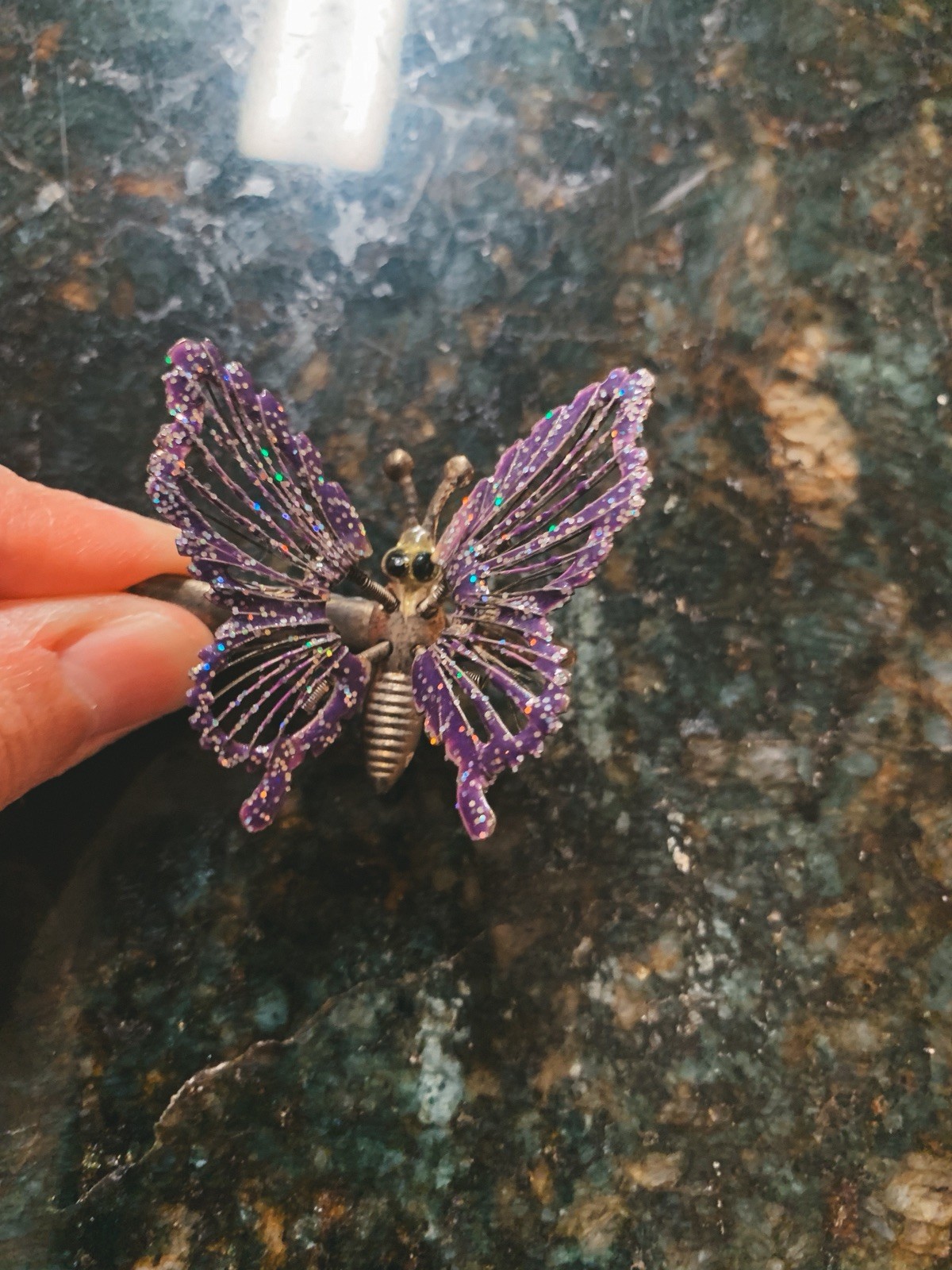 Vintage Silver Violet Colored Butterfly w Springy Wings Hairclip.