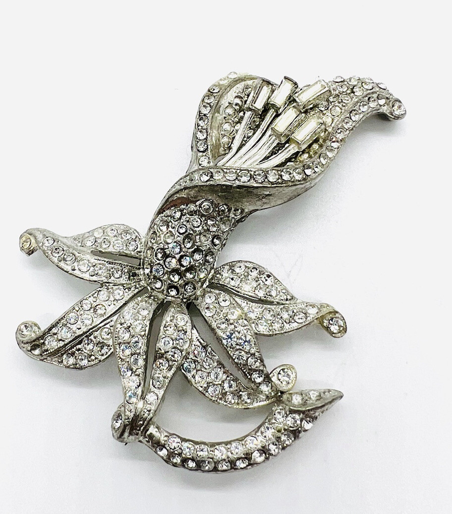 Large CORO? Art Deco Pave Rhinestone Flower Brooch 3 1/4 in. Vintage Jewelry