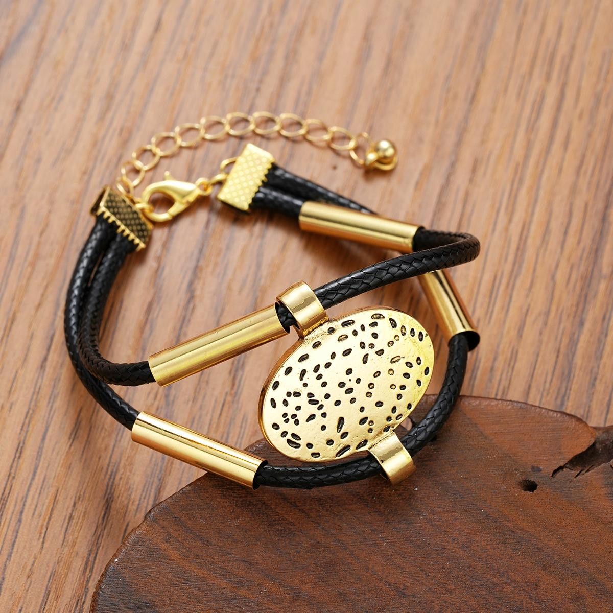 Vintage Oval Faux Leather Necklace Bracelet Set Women Gold Silver 2pc Jewelry