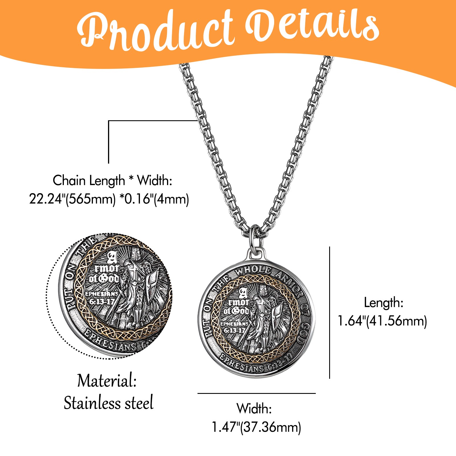 Men Christian Armor of God Ephesians Bible Verse Stainless Steel Faith Necklace