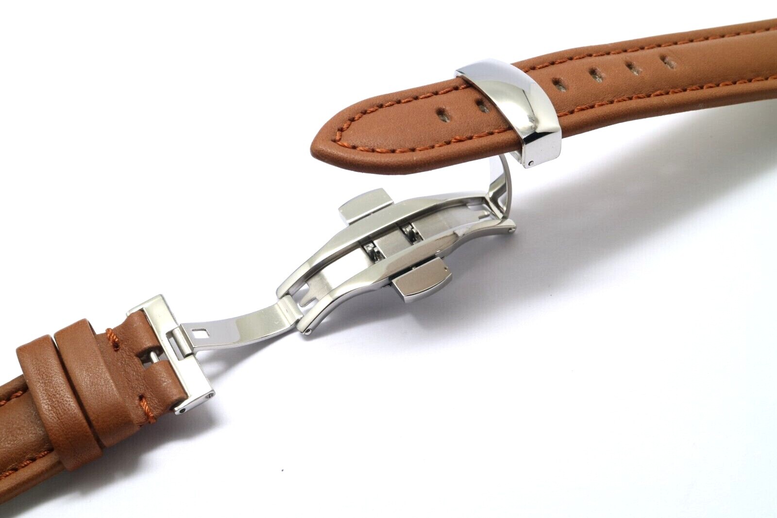 20 22 24mm Brown Genuine Leather Watch Strap Silver Push Button Deployant Clasp