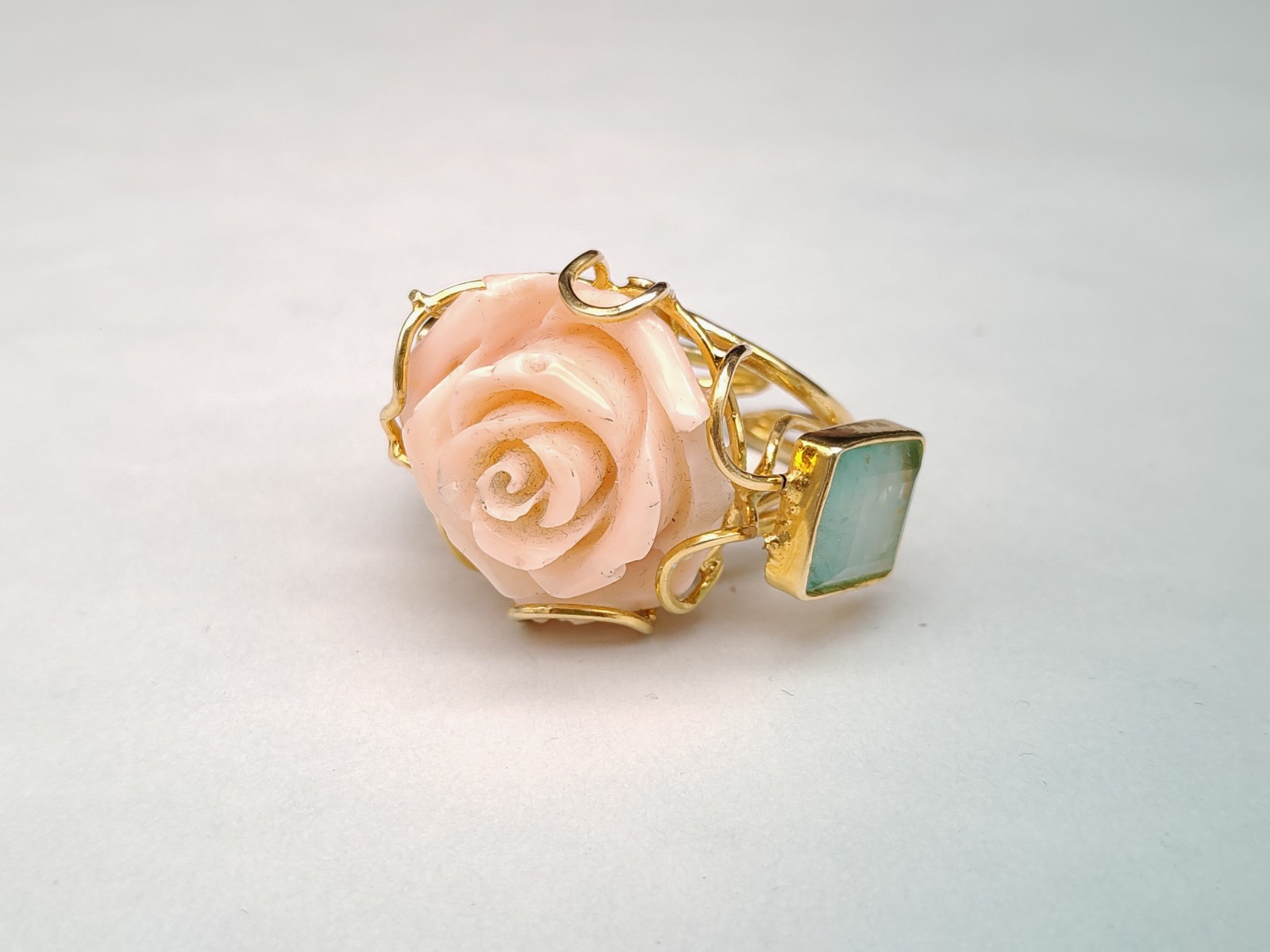 Women’s Ring Real Coral Pink Band 925 Silver Plac Yellow Gold Handmade