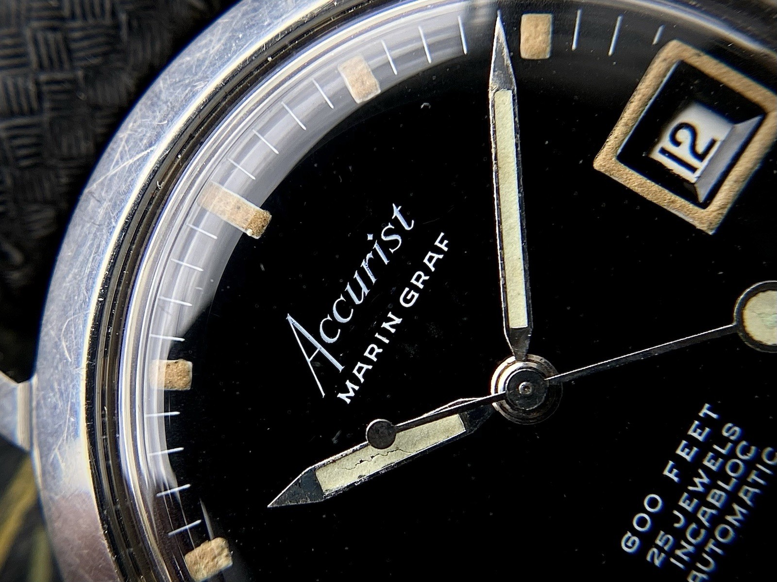 1960s Accurist Marin Graf 600 feet black dial Divers watch ETA 2452 date Tropic