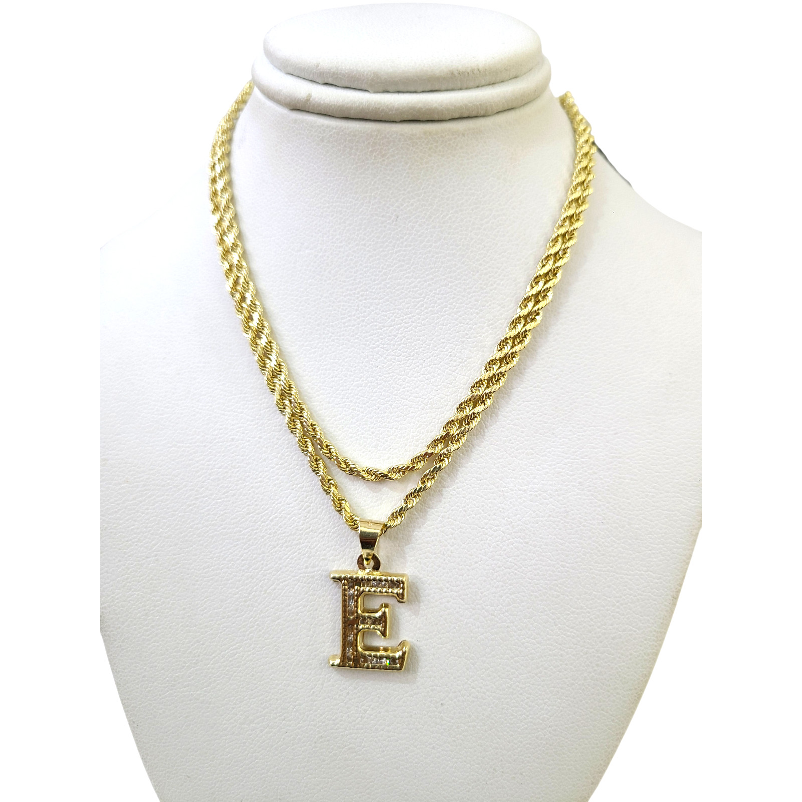 10k 2.5mm Rope Chain E Initial Alphabet Pendant 16″-28″ Gold Set Charm Necklace