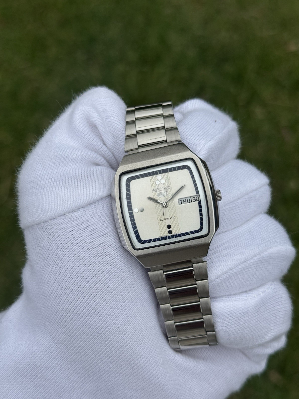Vintage Seiko 5 Automatic 6309 Mens WristWatch Silver TV Dial Day Date Japan 21J