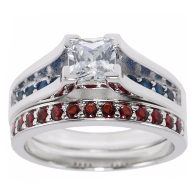 Thin Red Blue Line 2 Ring Set Princess Engagement Wedding CZ 925 Silver Sz 5 10