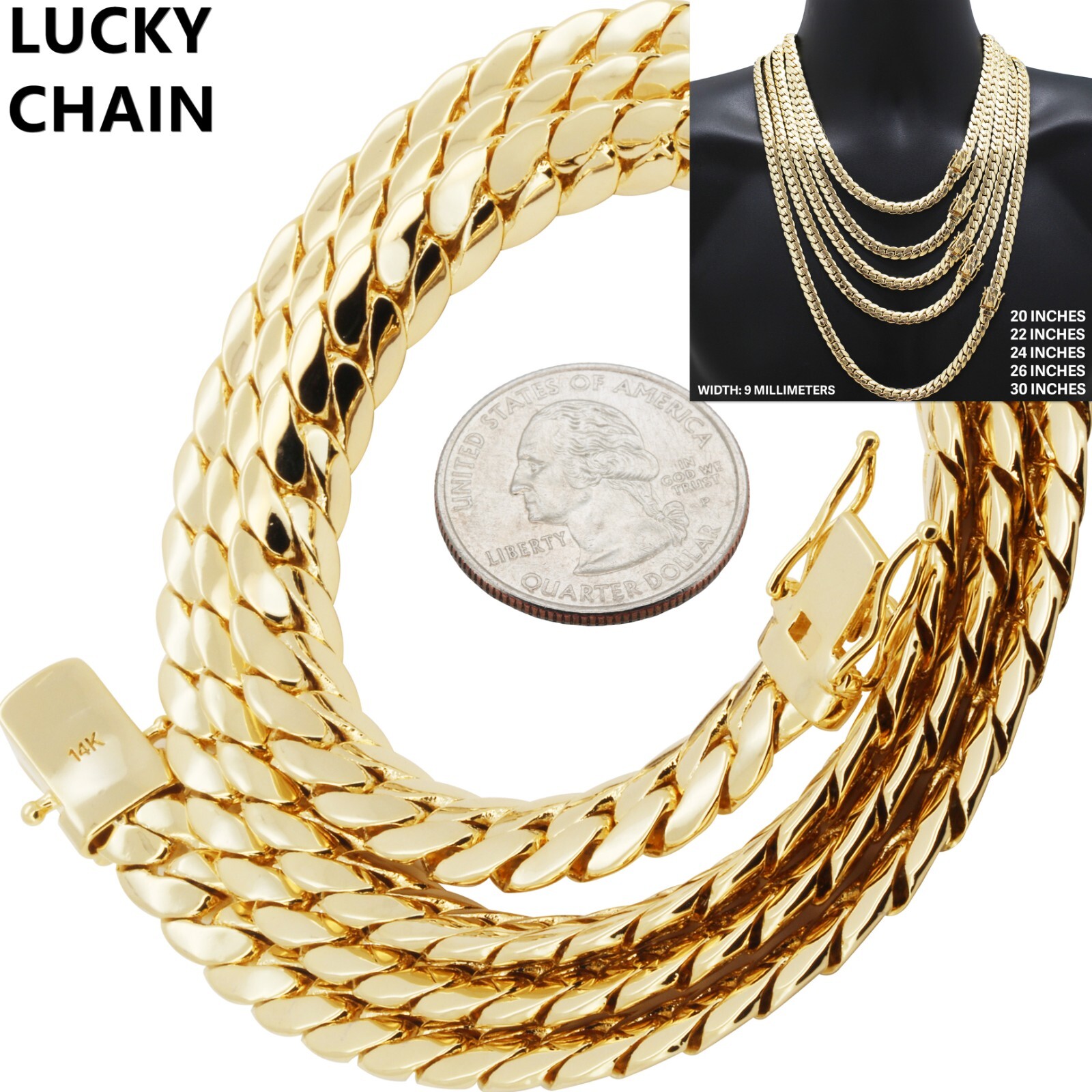 8.5”-30”14K GOLD FINISH MIAMI CUBAN LINK CHAIN OR BRACELET 9MM 32g-110g A28