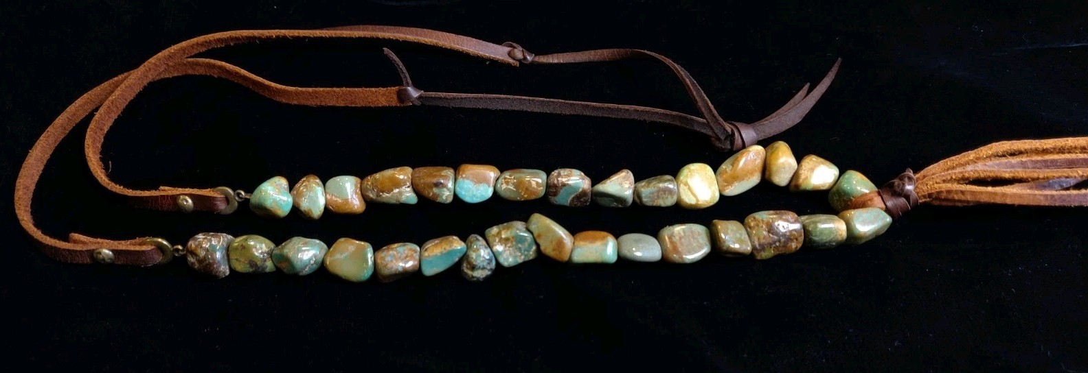 Stone Nugget Necklace Blue Green Brown Matrix Leather Tassel Rustic Boho Long