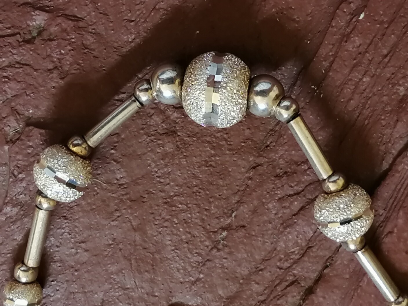 Sterling Silver Bead, Bar and Sparkling Ball Necklace, Excellent!