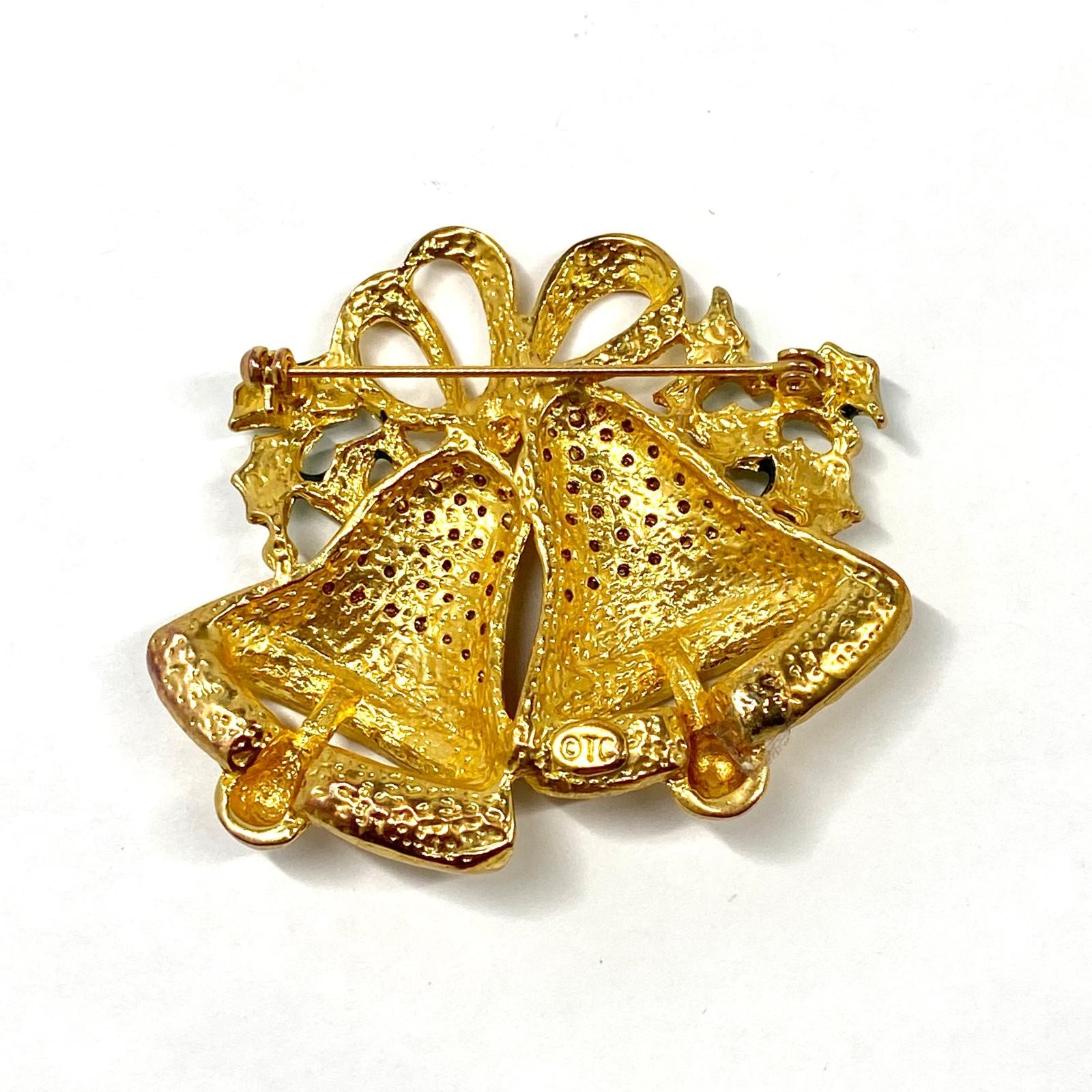 Vintage Christmas Bells Enamel & Rhinestone Gold Tone Holly Brooch Holiday Gift
