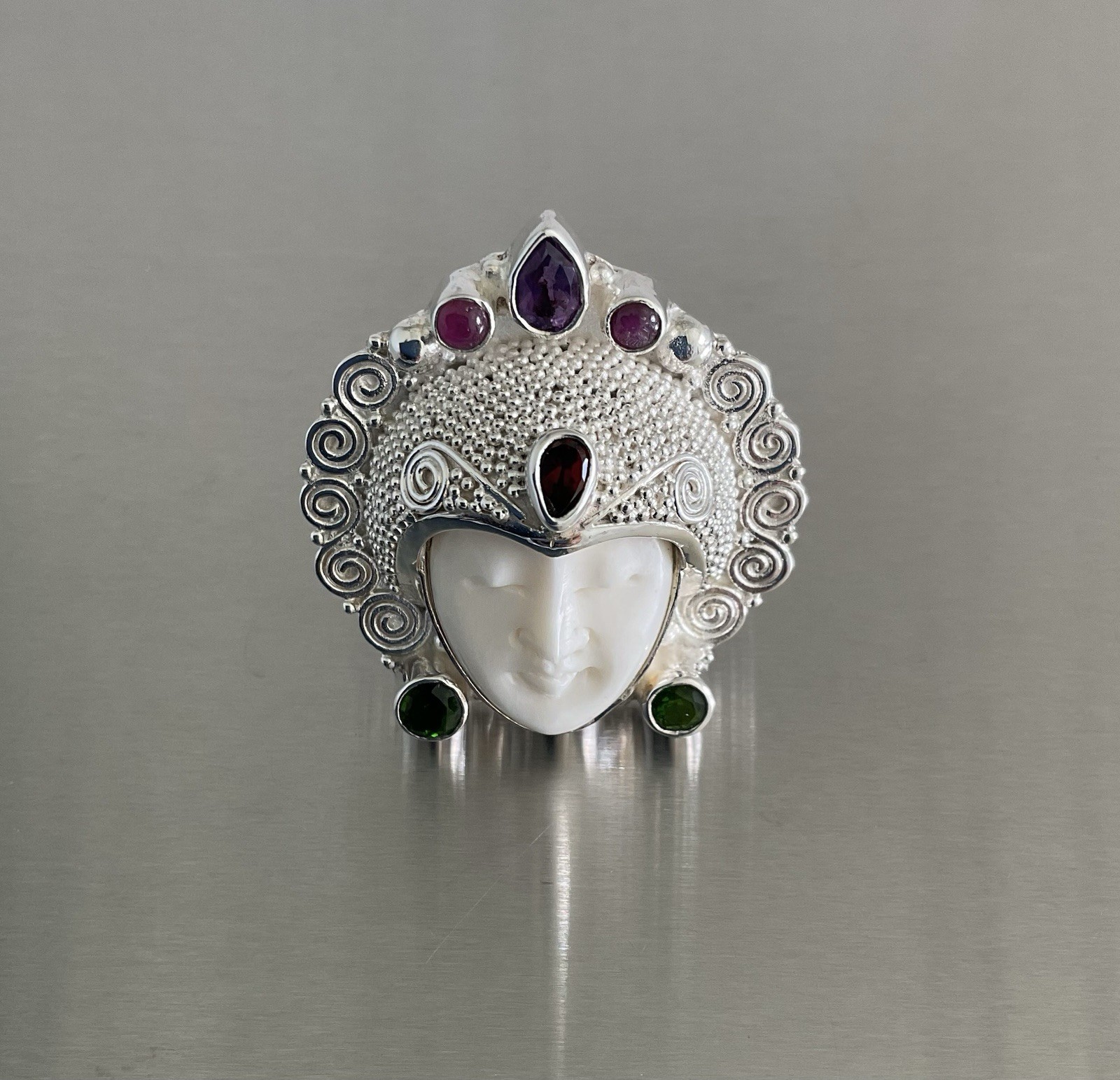 Sajen Silver Carved Goddess Ring Multi Gemstones 925 Sterling Silver Size 7