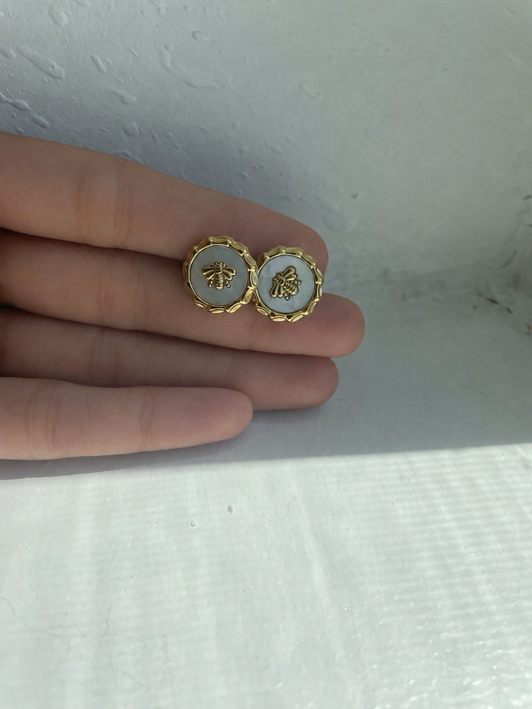 18K Gold Plated Bee Stud Earrings Iridescent White Stainless Steel