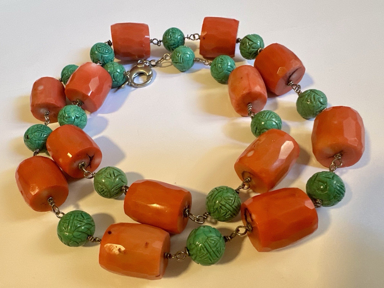 PINK CORAL NECKLACE MATCHING FACETED BEADS-TURQUOISE-SILVER 925-80 CM