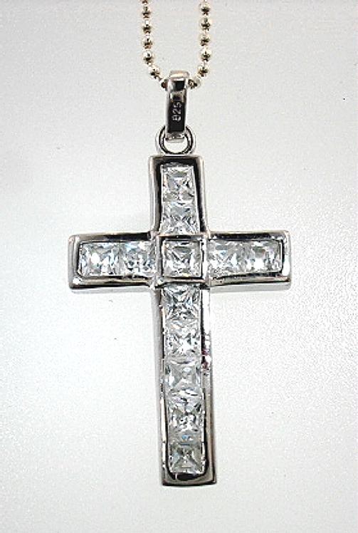 17MM RHODIUM PLATED 925 STERLING SILVER CHANNEL/BEZEL-SET WHITE CZ CROSS PENDANT