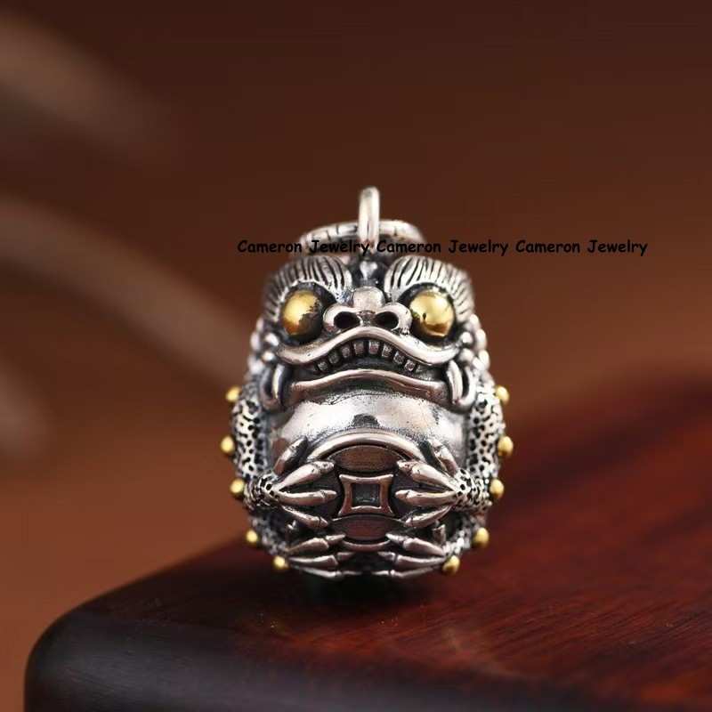 Pure S925 Sterling Silver Vintage Wealth Money Toad Bell Pendant 26-27g 32*22mm