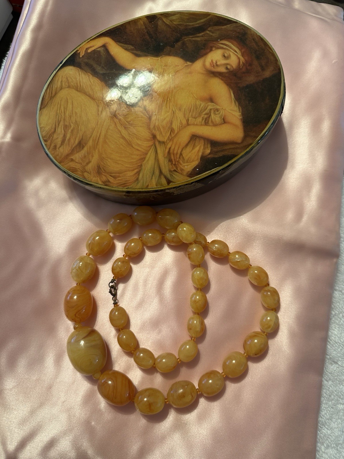 Antique Egg Yolk Translucent Lucite Beaded Necklace • 24” Graduated • 82g Estate