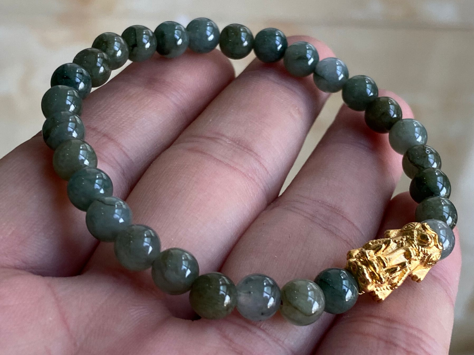 7mm Natural Myanmar Jadeite Green Jade 24k999 Pixiu Bracelet