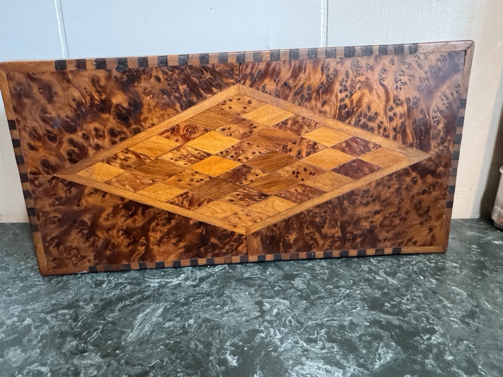 Burl Wood Marquetry Box Valet Jewelry Box MCM Hand Crafted Lined 11 x 5.5 in