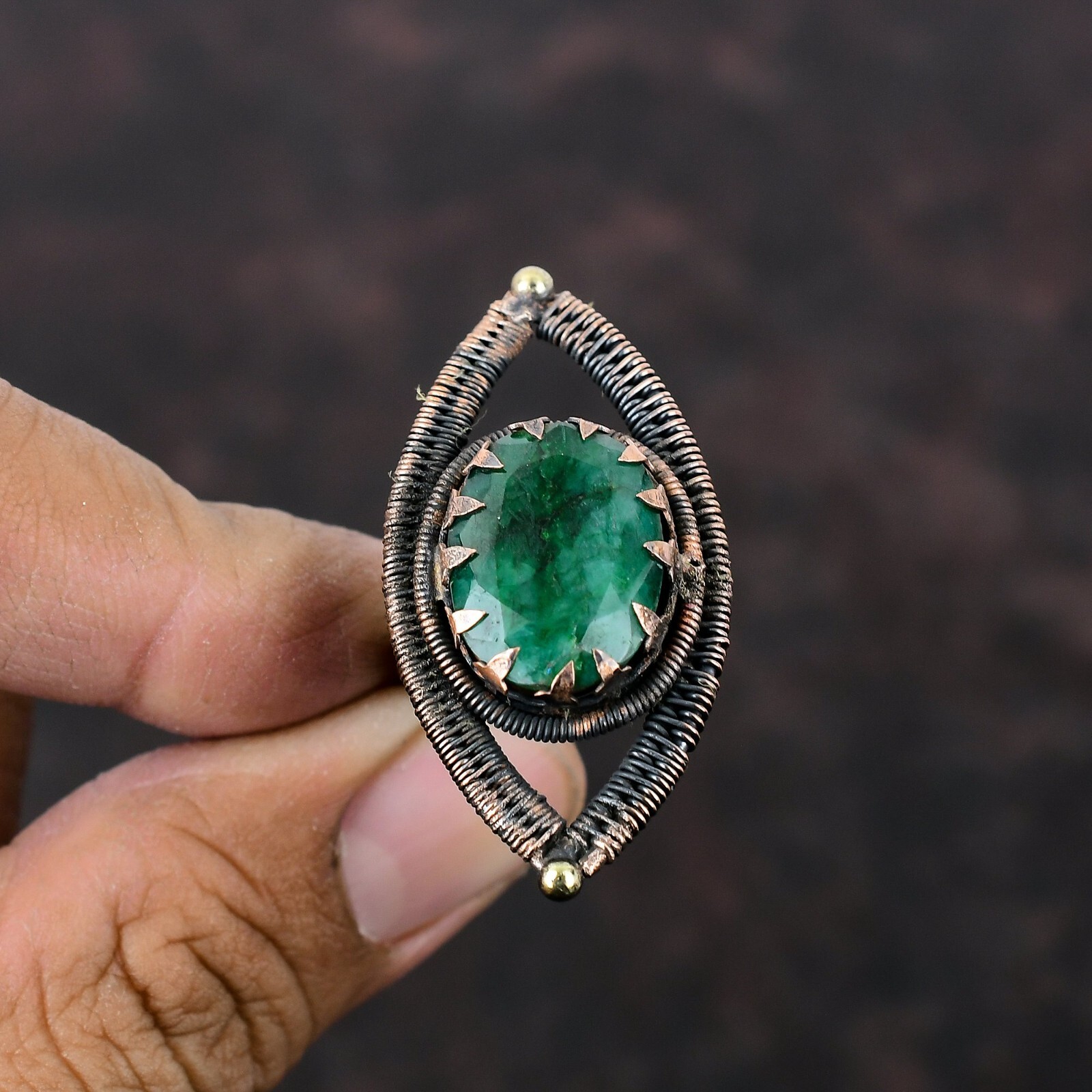 Copper Oval Zambian Emrald Gemstone Wire Wrapped Wedding Statement Ring Jewelry