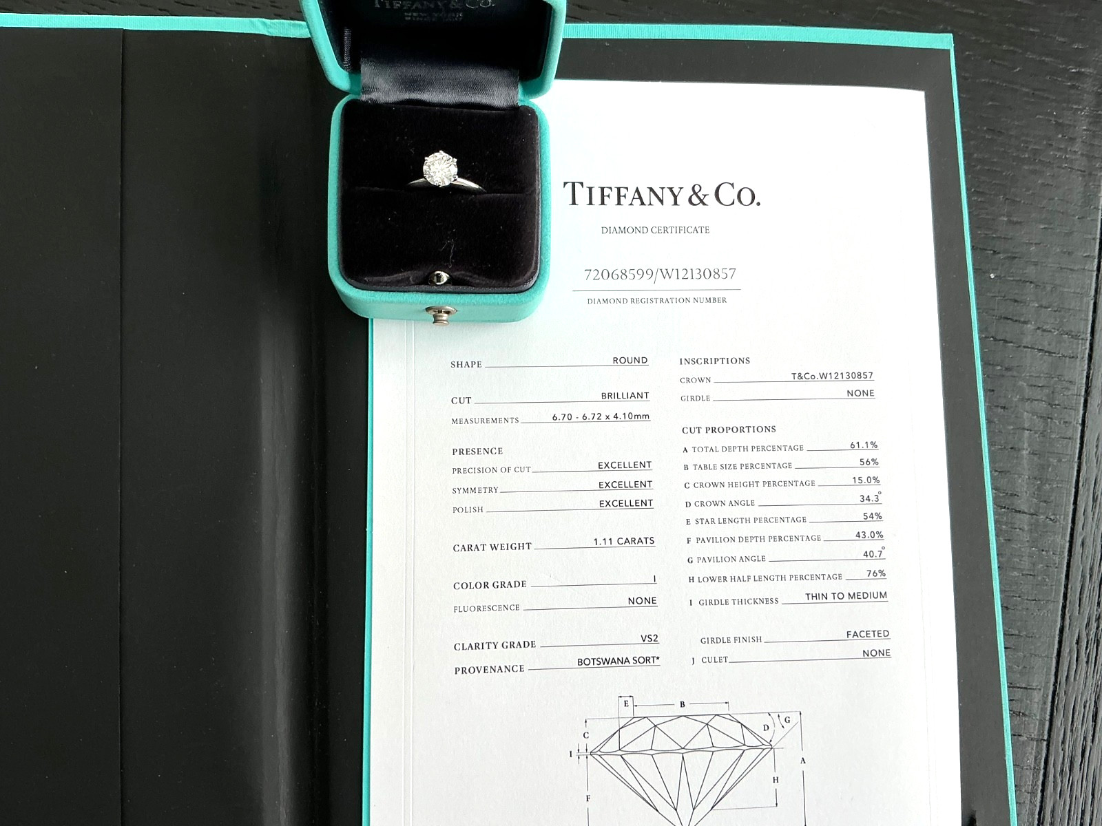 Tiffany & Co Platinum Diamond Round Engagement Ring 1.11 CT I VS2 3 EXC $18k NEW