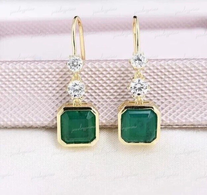 14k Solid Yellow Gold Natural Emerald Earrings Drop Dangle Emerald Earring