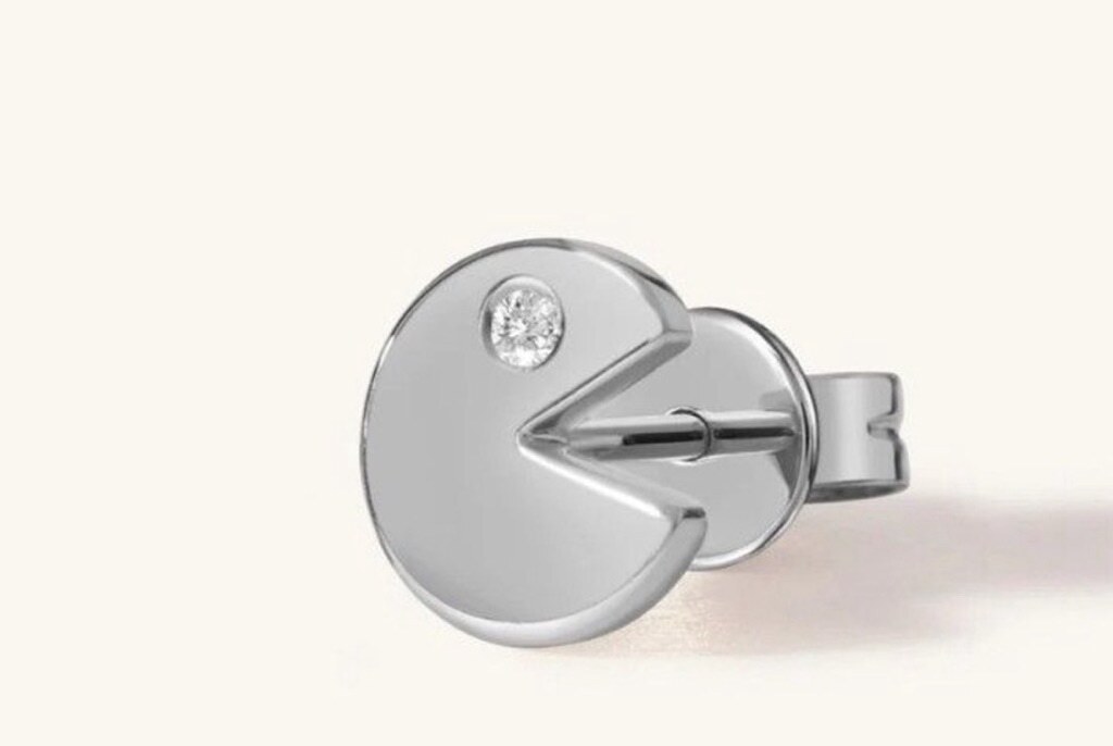 NEW Unisex Mismatch 14k Gold Accent Diamond PAC-Man and Ghost Stud Earrings