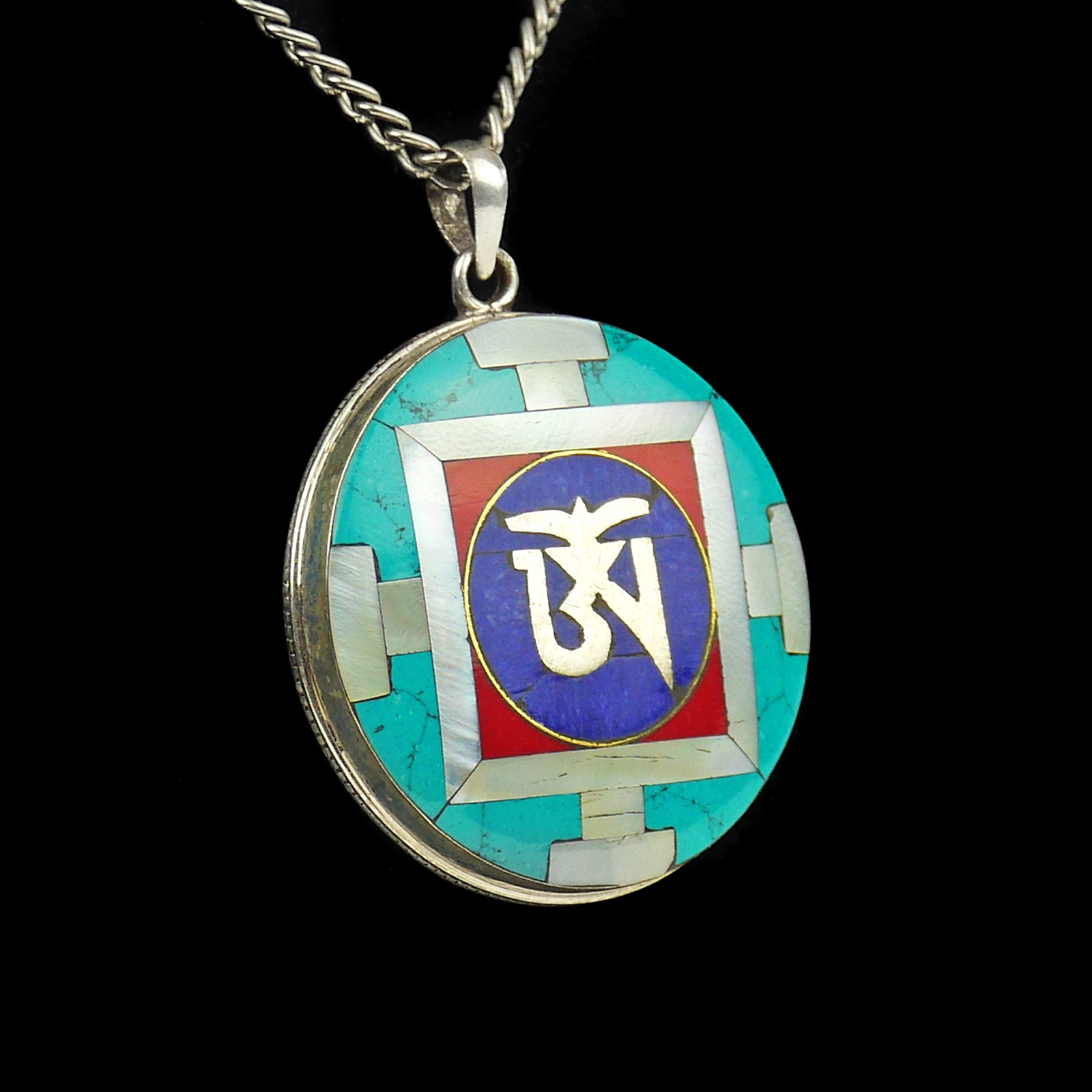 Amulet Silver Mother of Pearl Buddhist Turquoise Lapis Coral Round White Gift