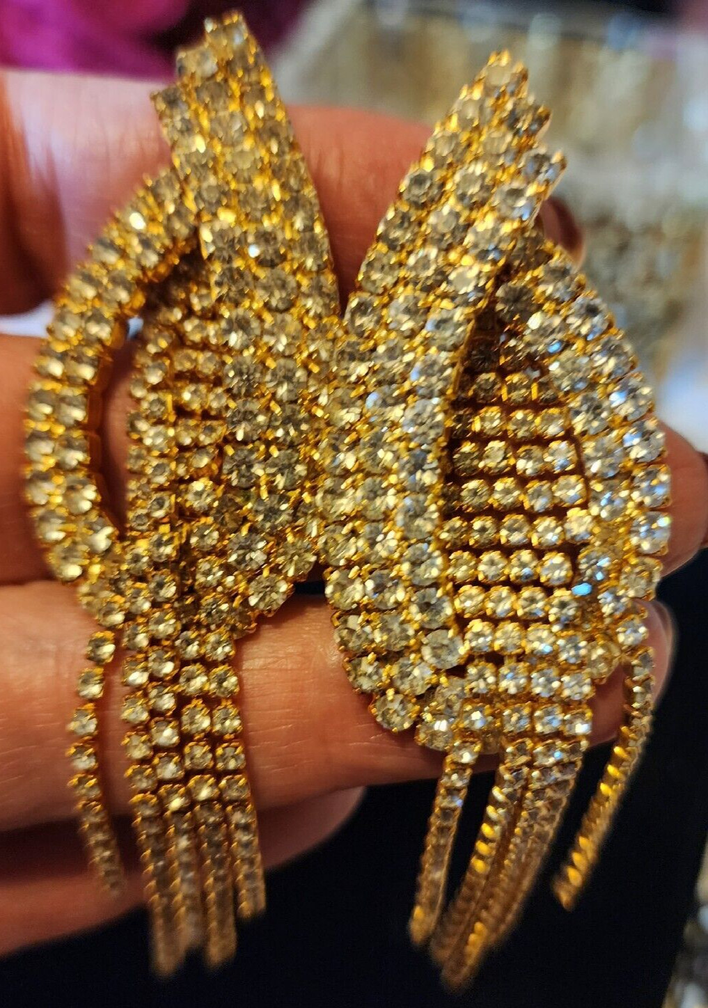 STRIKING Dangle Earrings Covered In Crystals Clip On Gold Tone Dangle 3.75″