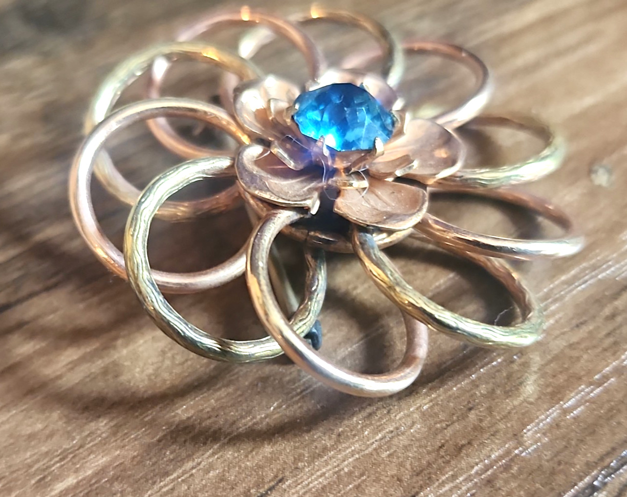 Vintage 1/20 10k Gold Filled Flower Brooch with Brilliant Blue Crystal Signed