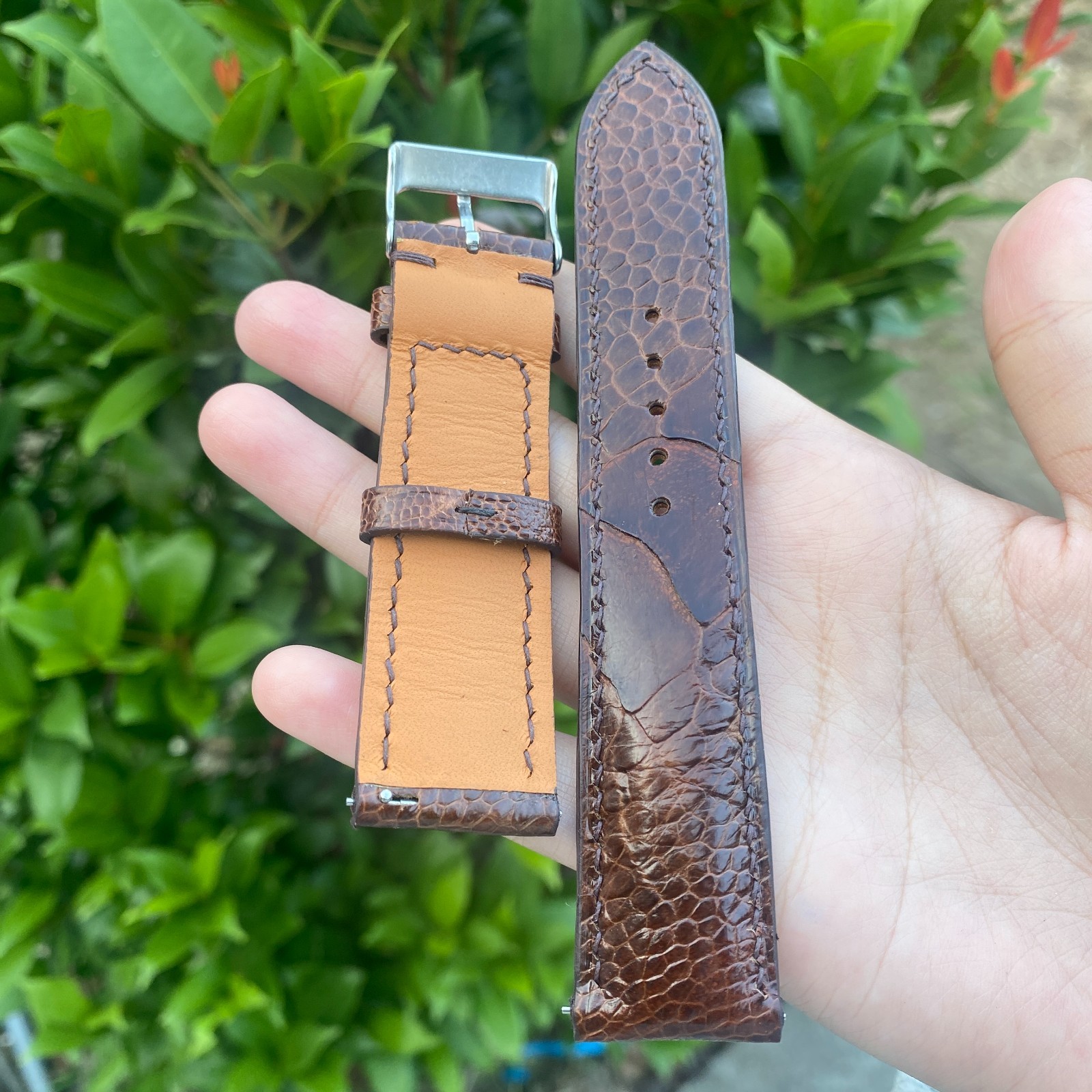 Dark Brown Ostrich Leather Watch Band Customized Watch Strap Silver Buckle